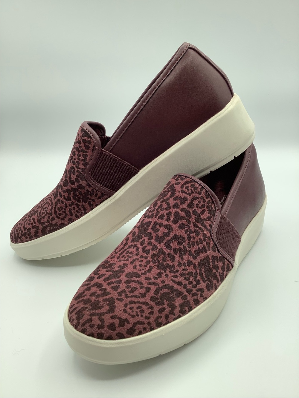 Clarks Maroon Leopard Slip-On Platform Sneakers